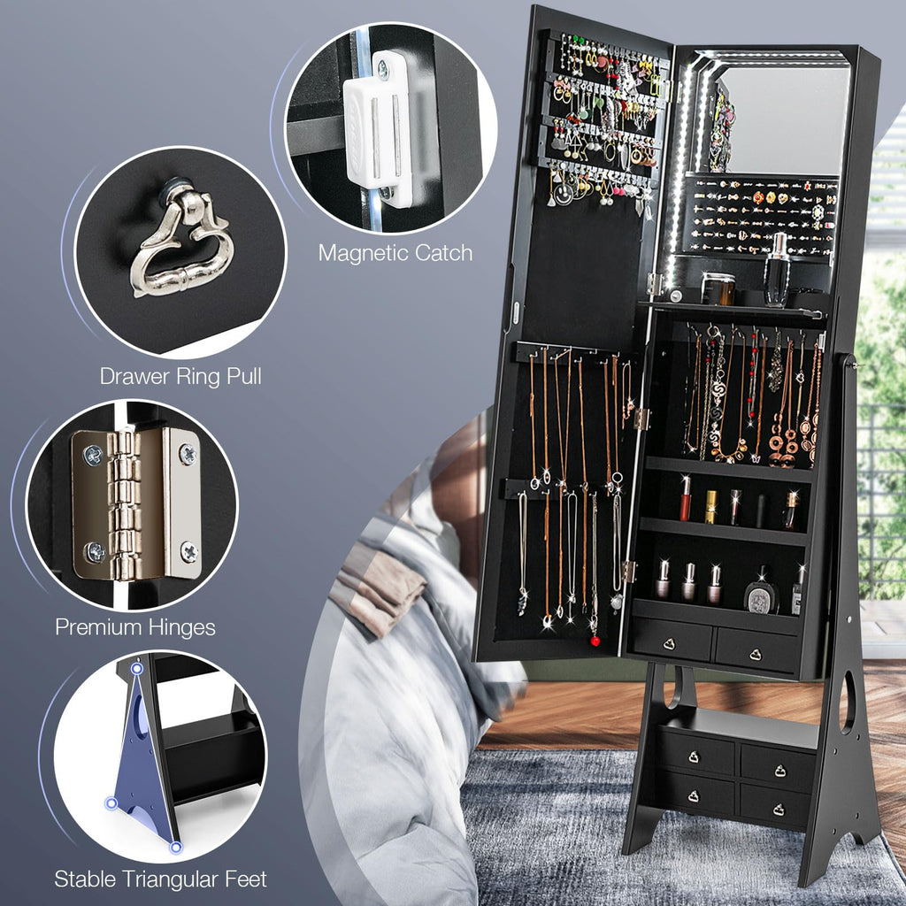 Jewelry Cabinet with Full Length Mirror & LED Light Strip, Black