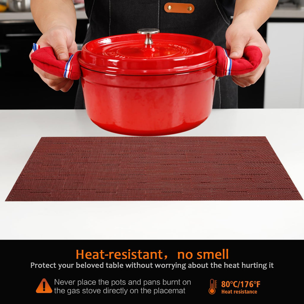 Red Vinyl Placemats Set of 12, Heat Resistant Table Placemats