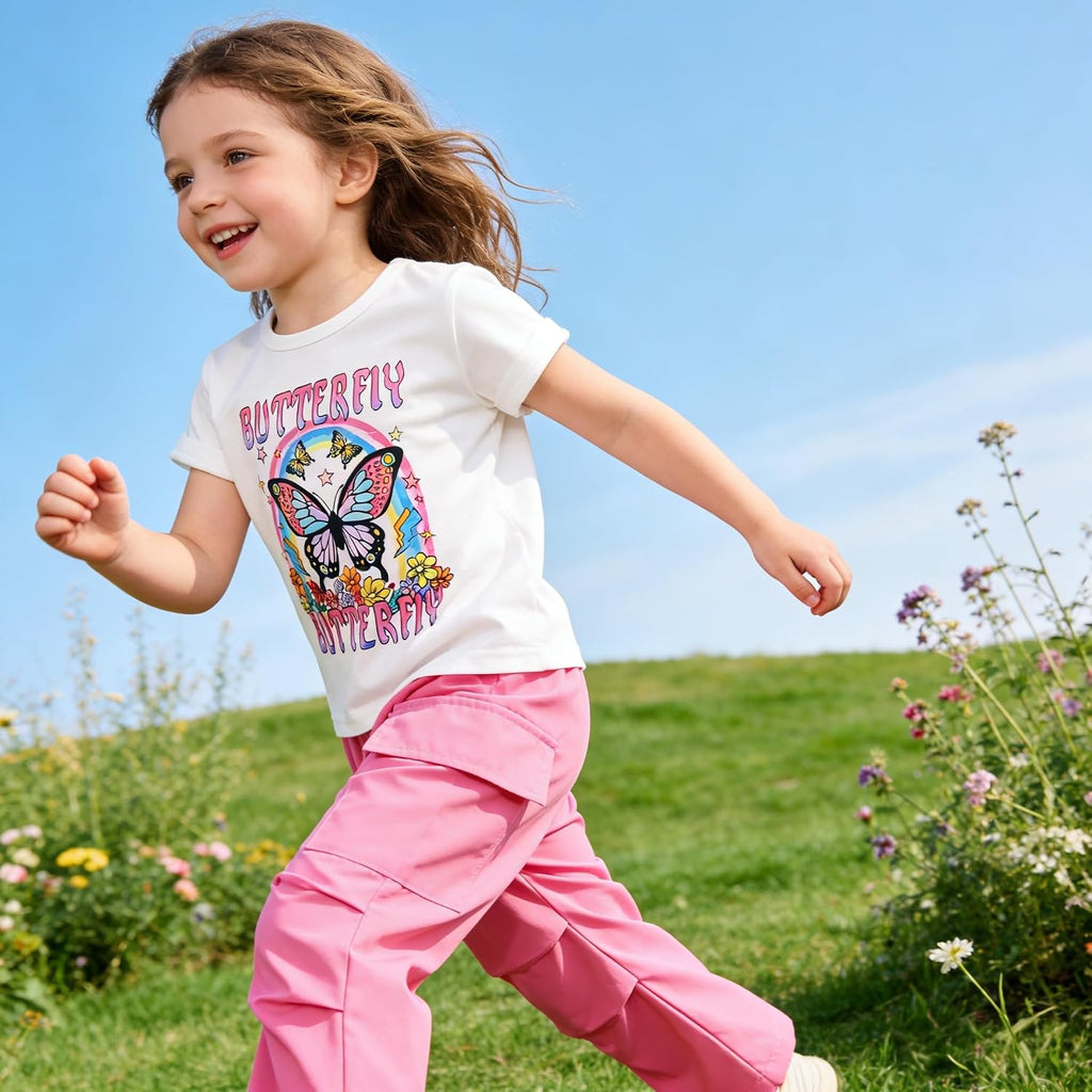 Toddler Girl Clothes Short Sleeve Butterfly Print T-Shirt Top Cargo Pants with Pockets Summer Clothing Sets