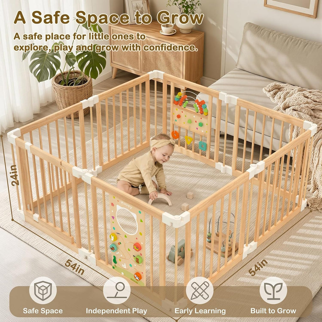 Wooden Baby Playpen with Montessori Toys, 8-Panel Large Foldable Play Yard | Adjustable Baby Fence for Babies and