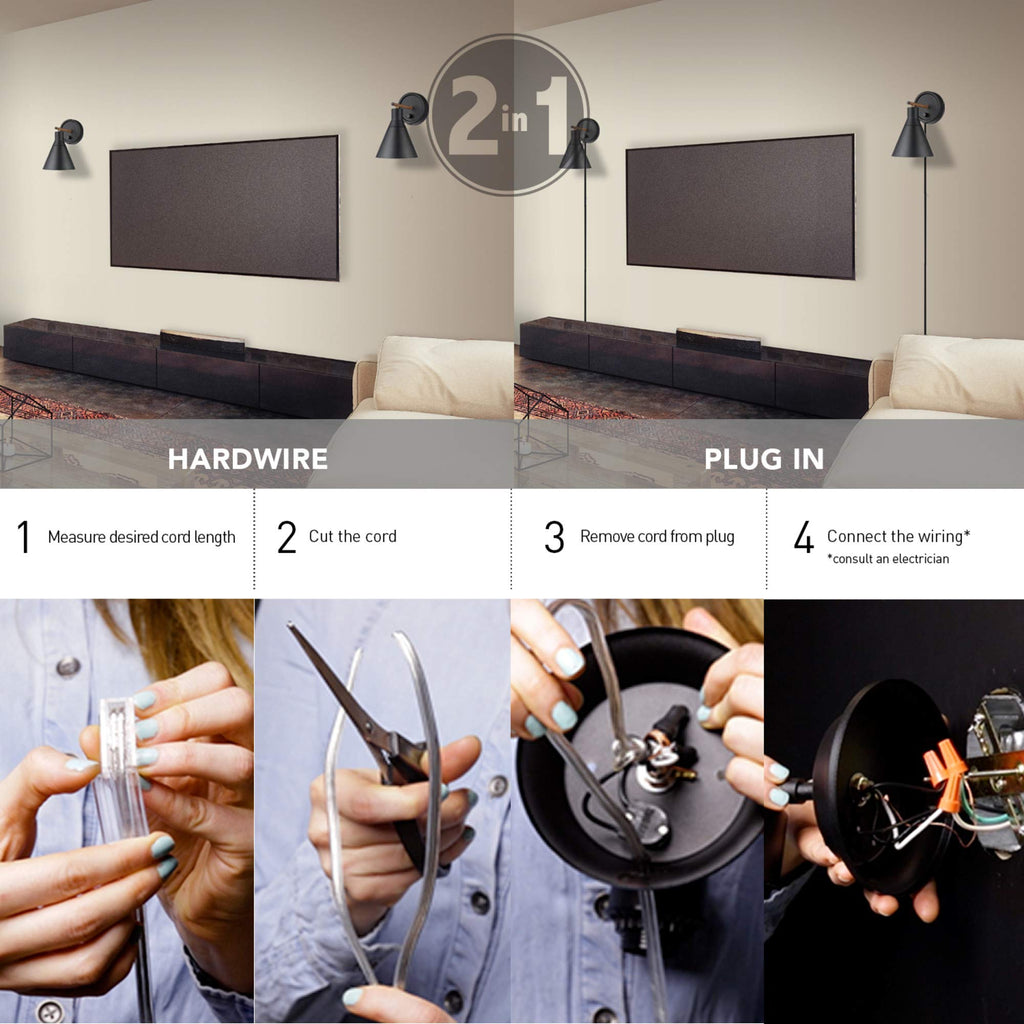 Dimmable Plug-in or Hardwire Wall Sconce, Matte Black, Faux Walnut Accent, Stepless Dimming Rotary Switch on