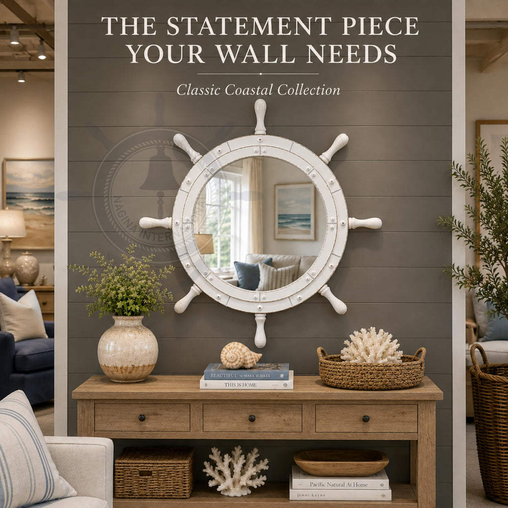 Classic White Santorini Beautiful Nautical Sturdy Large Mirror Ship Wheel | Wall Mounted Mirrors (24 Inches)