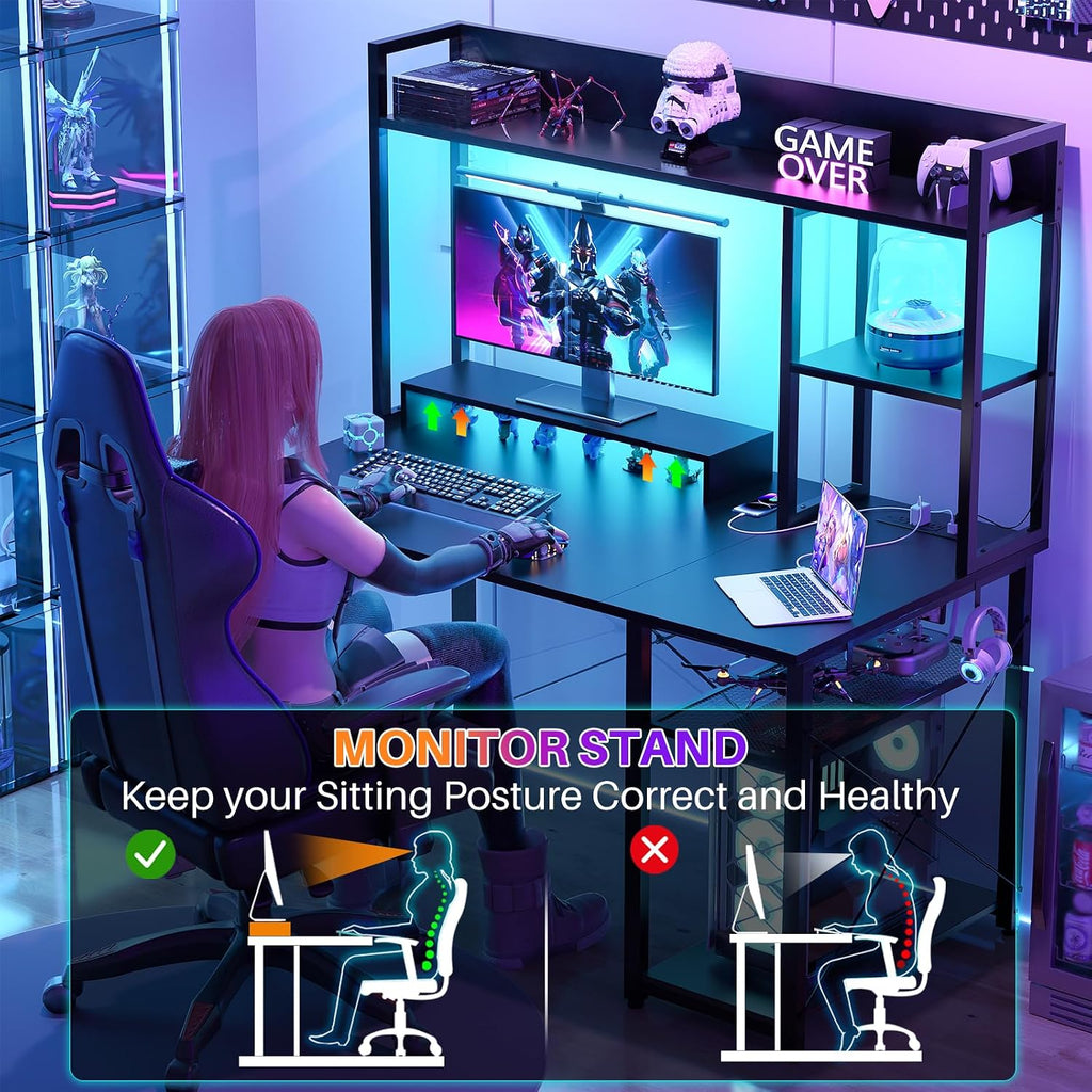 Gaming Desk with Hutch, 39'' Computer Desk with LED Lights & Power Outlets, Home Office Desk with Reversible 5 Tiers