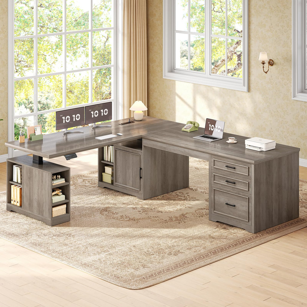 Farmhouse L Shaped Standing Desk with Storage, Grey