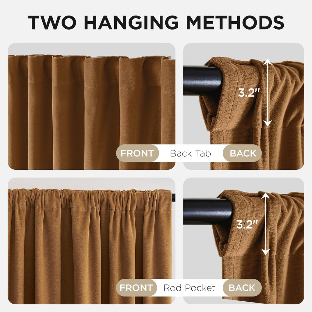 Golden Brown 100% Blackout Curtains 96 Inch 2 Panels, Luxury Thermal Brown Velvet Curtains for Bedroom Living Room
