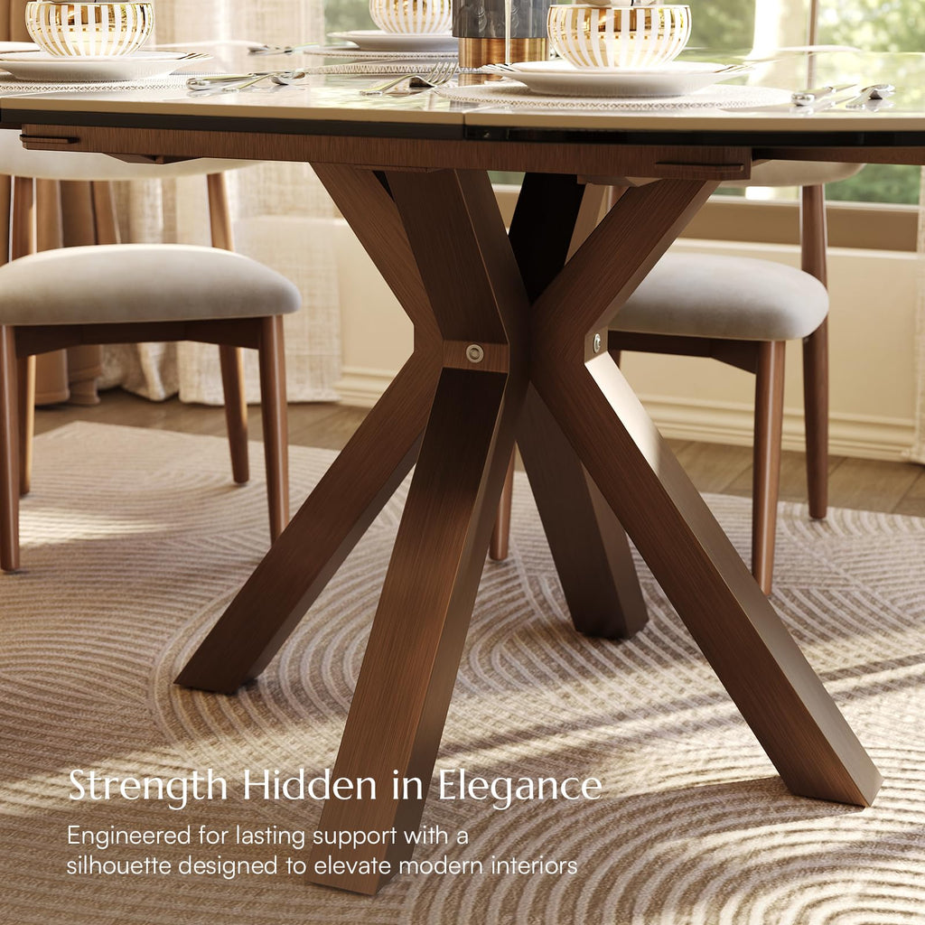 Modern Extendable Dining Table, 47" to 63" Round to Oval Sintered Stone Kitchen Table with Carbon Steel Pedestal Base