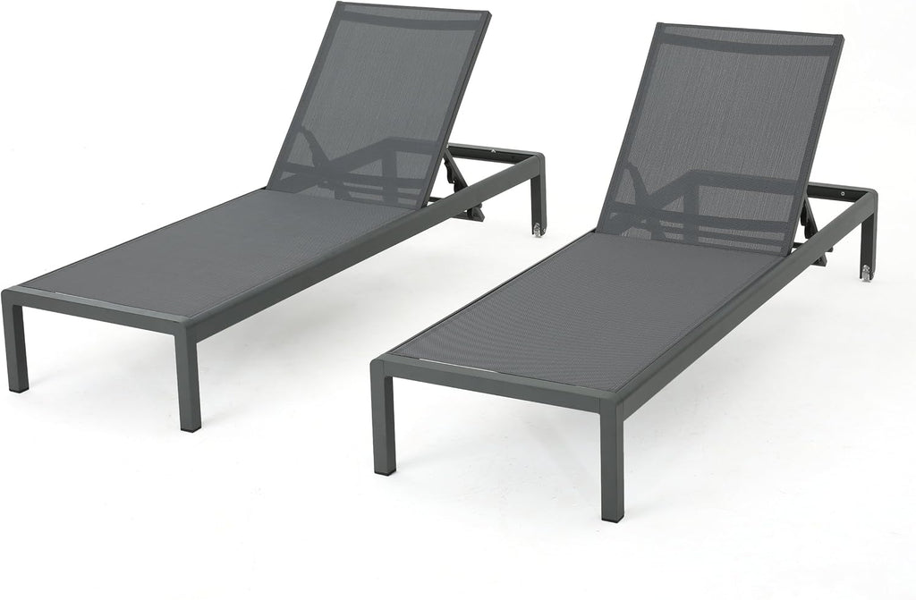 Outdoor Aluminum Chaise Lounges with Mesh Seat, 2-Pcs Set, Grey / Dark Grey