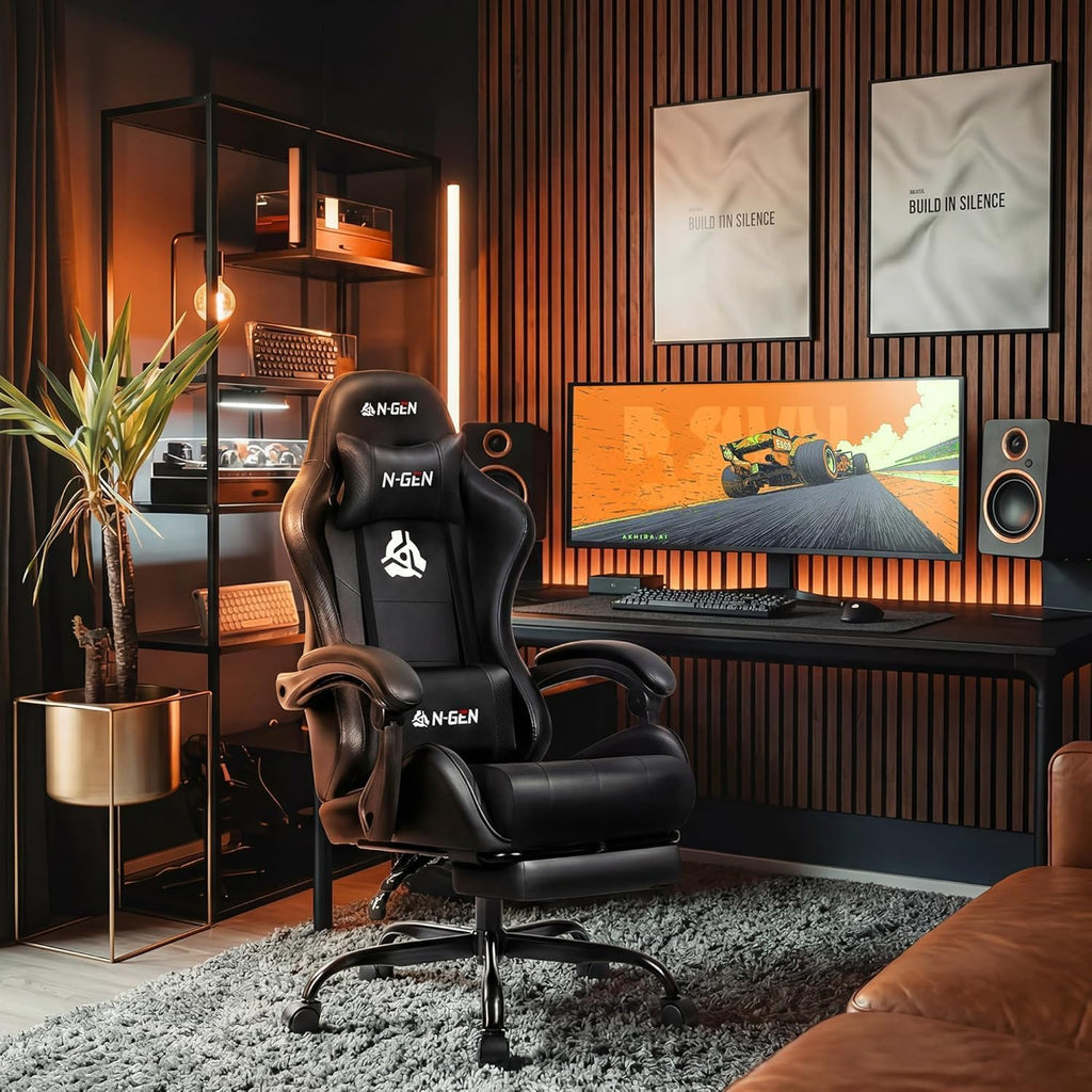 Gaming Chair with Footrest, Lumbar Support, High-Back, Black | Reclining Backrest, Linkage Armrests, Durable PU