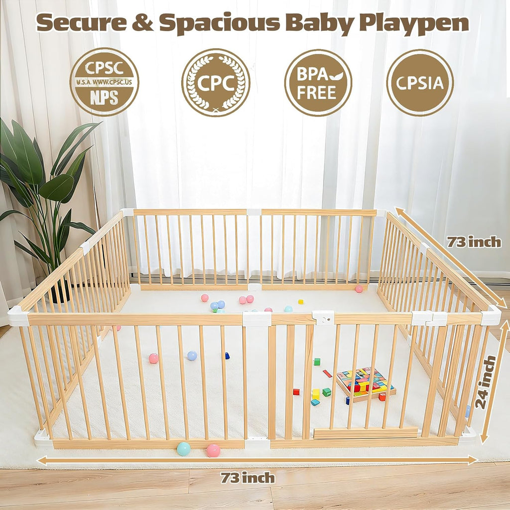 Extra Large Wooden Baby Playpen, Baby Playard Area Indoor, Non-Fold 73"x73" | Play Pen for Babies and Toddlers Kids