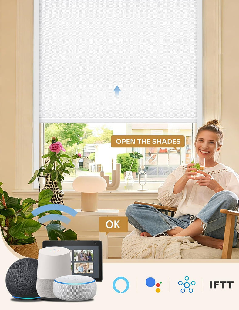 No-Drill No Tools Motorized Blinds with Remote | 34x36 White | Electric Blackout Smart Roller Shade/APP/Voice Control