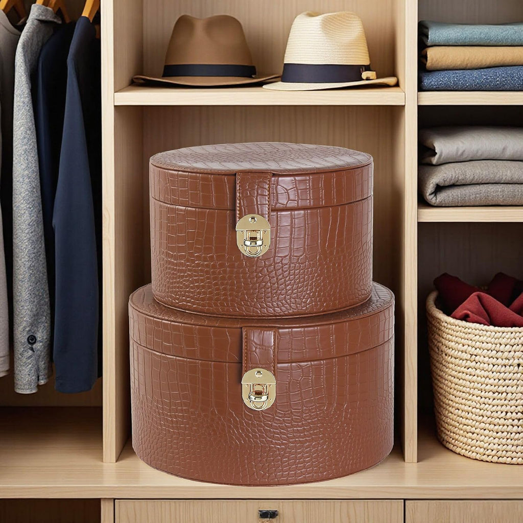 Large Leather Decorative Boxes Round Hat Box Bin Basket with Lid for Shelf Coffee Table Storage Remotes - Set of 2
