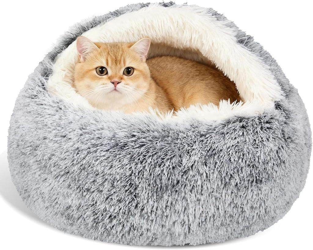 Calming Dog & Cat Cave Bed With Hooded Cover, Removable Washable Round for Small Medium Pets
