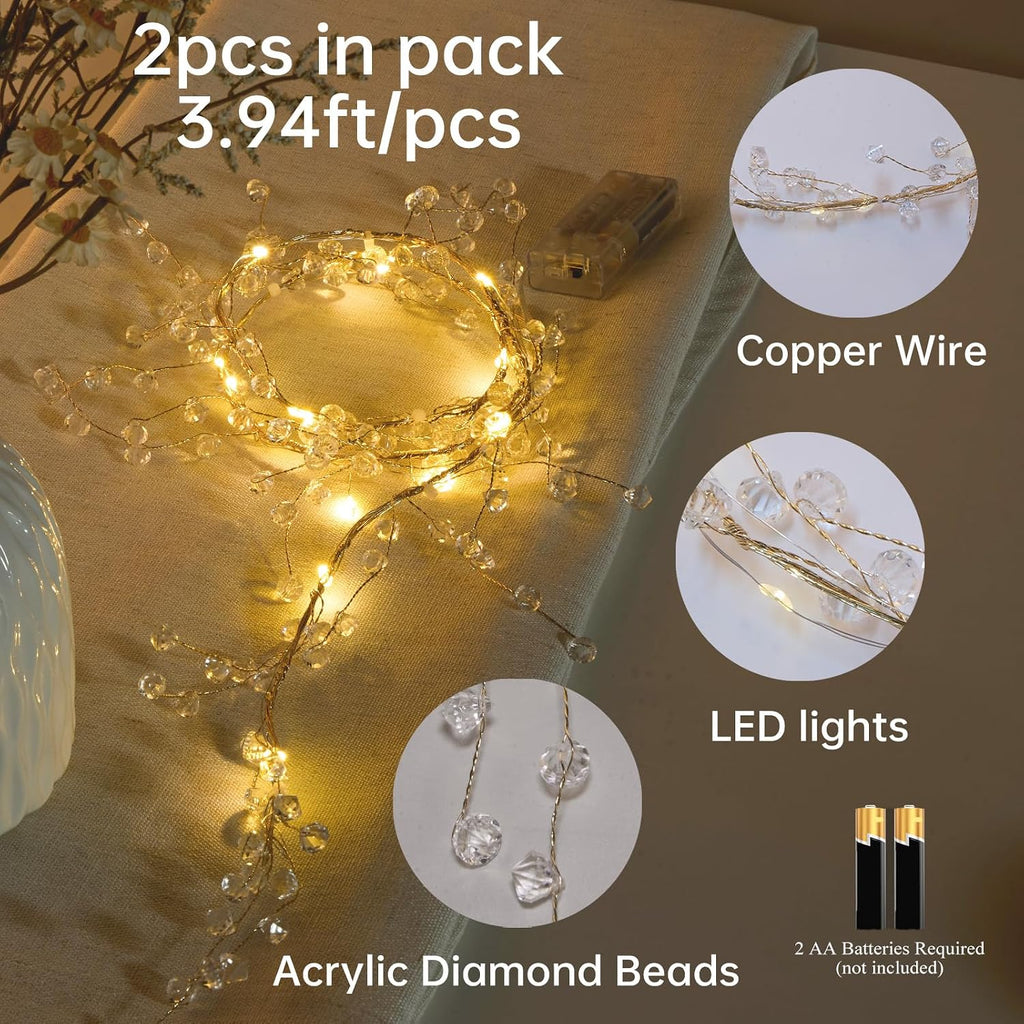 Diamond Beads String Strand with Fairy Lights Battery Operated - Clear Acrylic Crystal Bead Garland Short String
