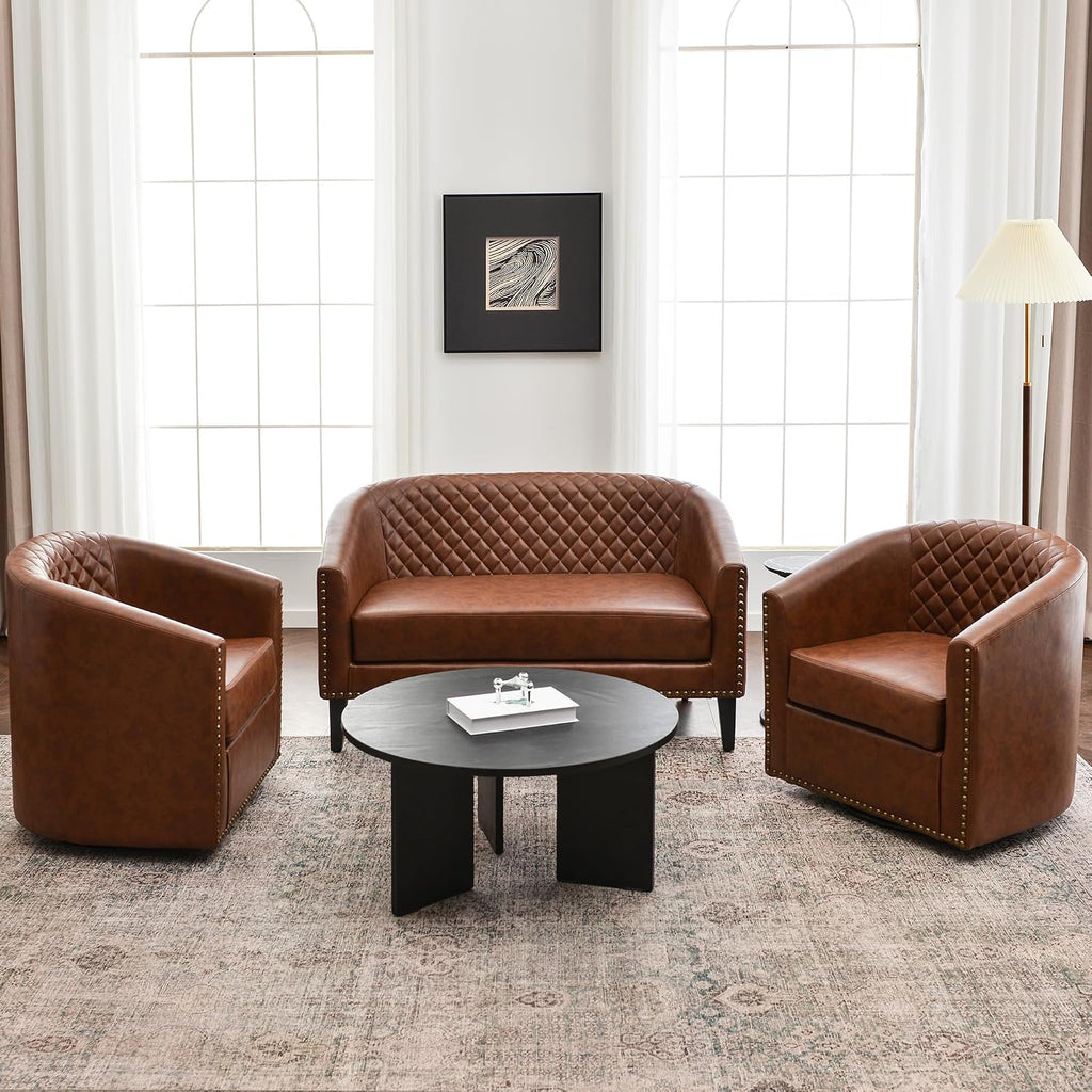29" W Faux Leather Tufted PU Swivel Barrel Chairs, Brown - Set of 2