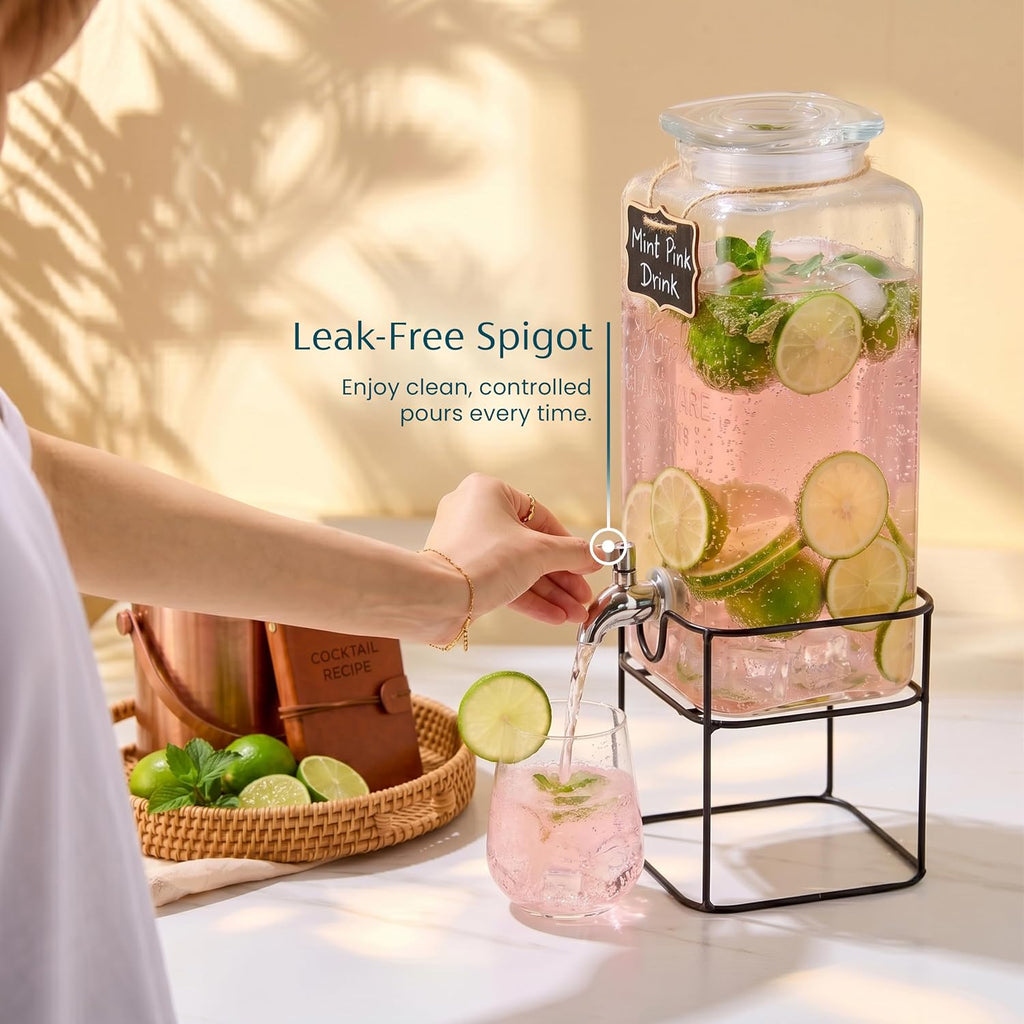 Glass Drink Dispenser, with Stand, 1 Gallon, Serves 15 Cups, Leak-Proof Stainless Steel Spigot, Beverage Storage