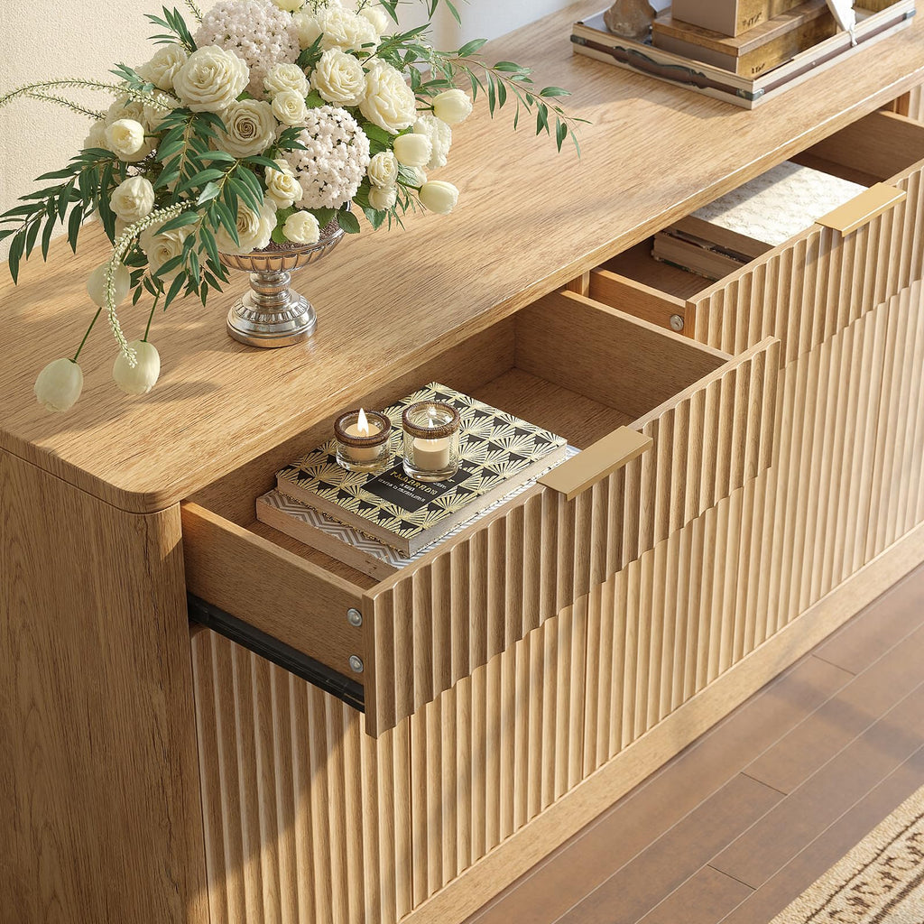 67" Fluted Oak Sideboard Buffet Cabinet with 3 Drawers