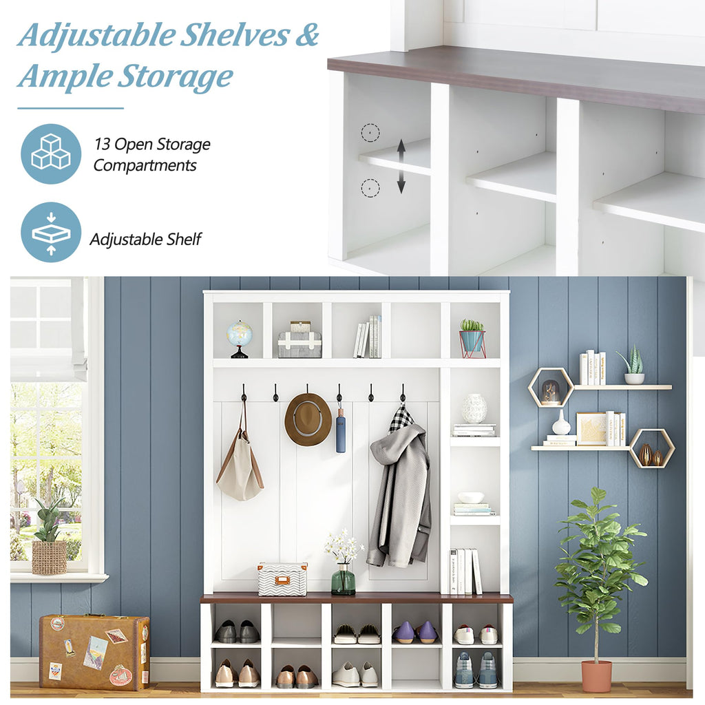 Versatile 59'' Wide Hall Tree with 6 Hooks and Multiple Storage Space, Farmhouse Practical Walnut Storage Bench with