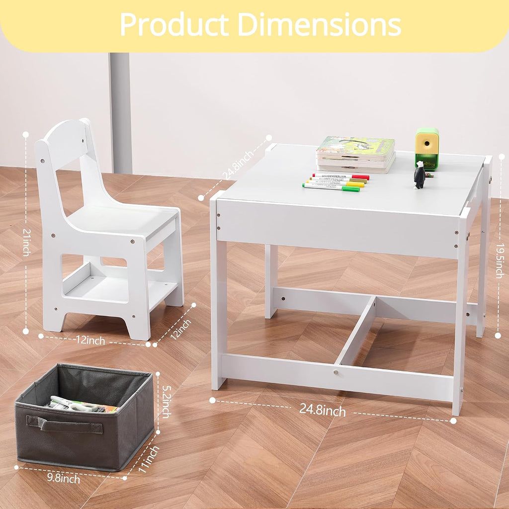 Wood Toddler Table and Chair Set, Kids Activity Desk, White Gray