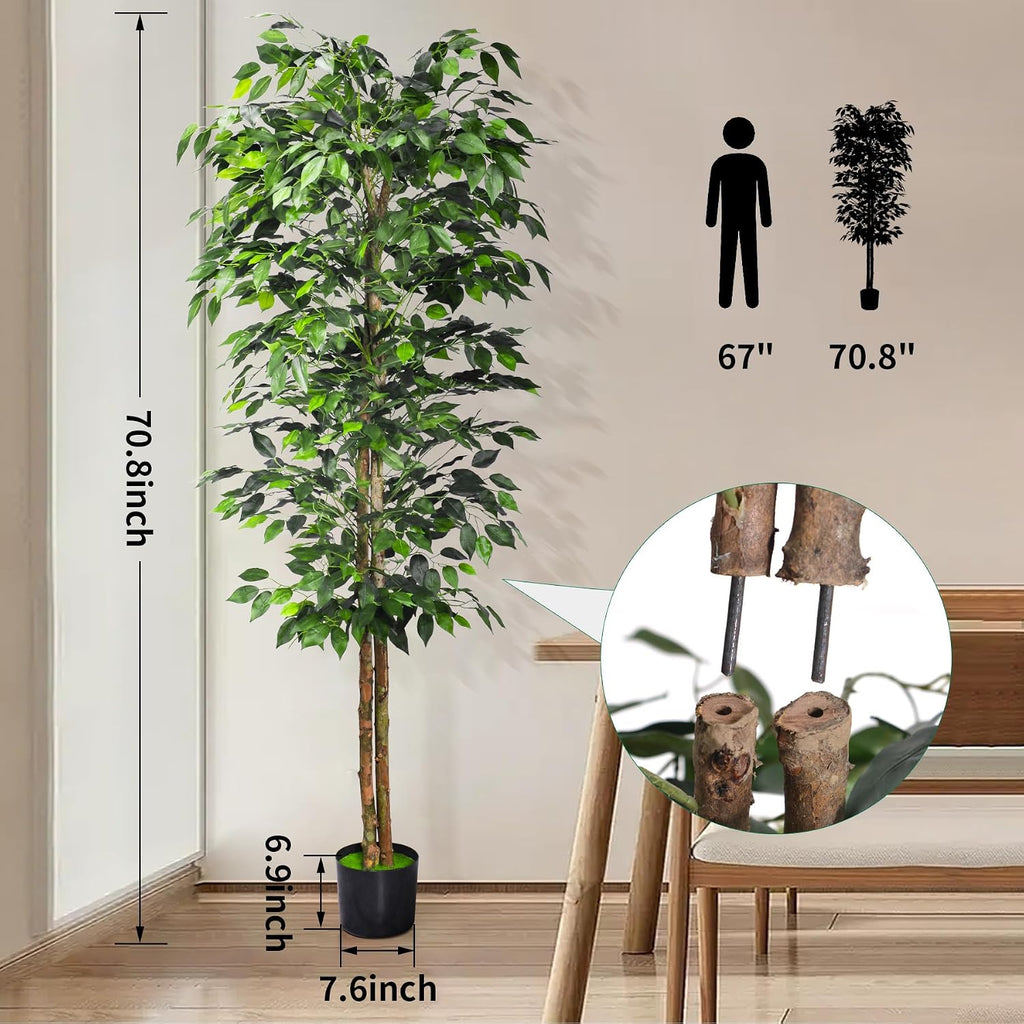2Packs 6FT Artificial Ficus Trees with Realistic Leaves and Natural Trunk, Faux Ficus Tree with Sturdy Plastic