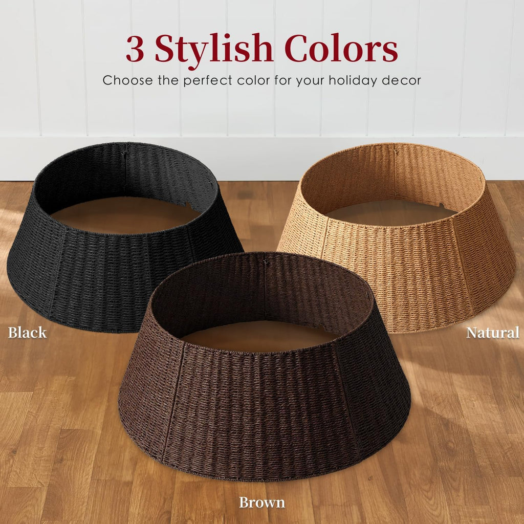 Rustic Farmhouse Christmas Tree Collar - 28Inch Woven Wicker Tree Base Stand Cover for Artificial Trees - Holiday
