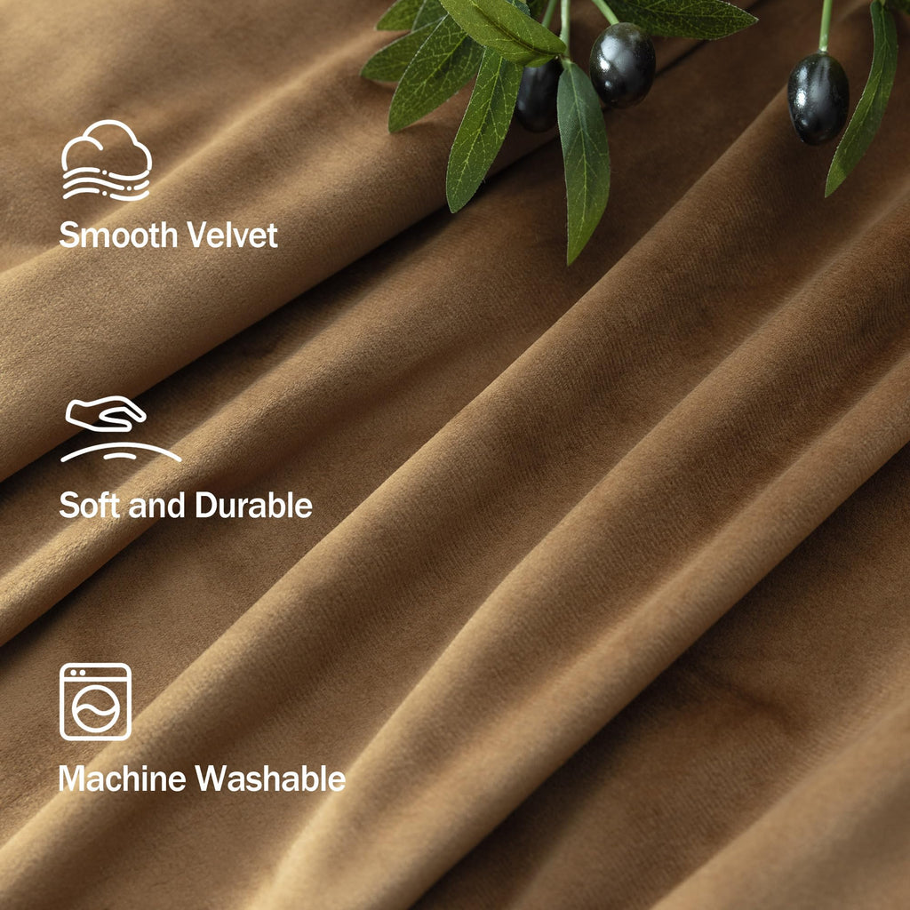 Gold Brown Velvet Curtains 108 Inch Long 2 Panel Sliding Door Insulating Soundproof Noise Reduction Drape Mid Century