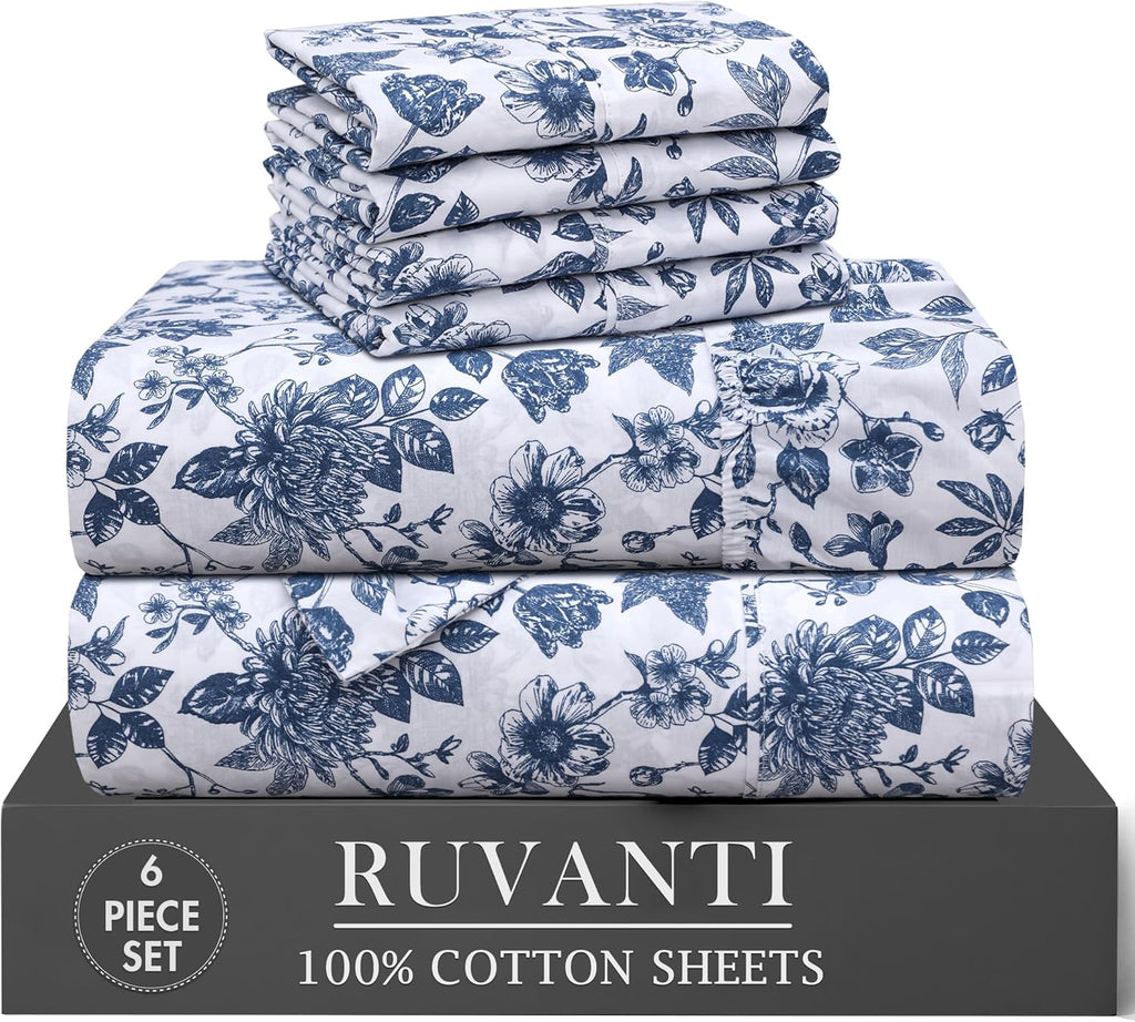 100% Cotton Percale Sheets King, Wild Flower | Cooling Bed Sheets for Hot Sleepers, Deep Pocket 16", Breathable