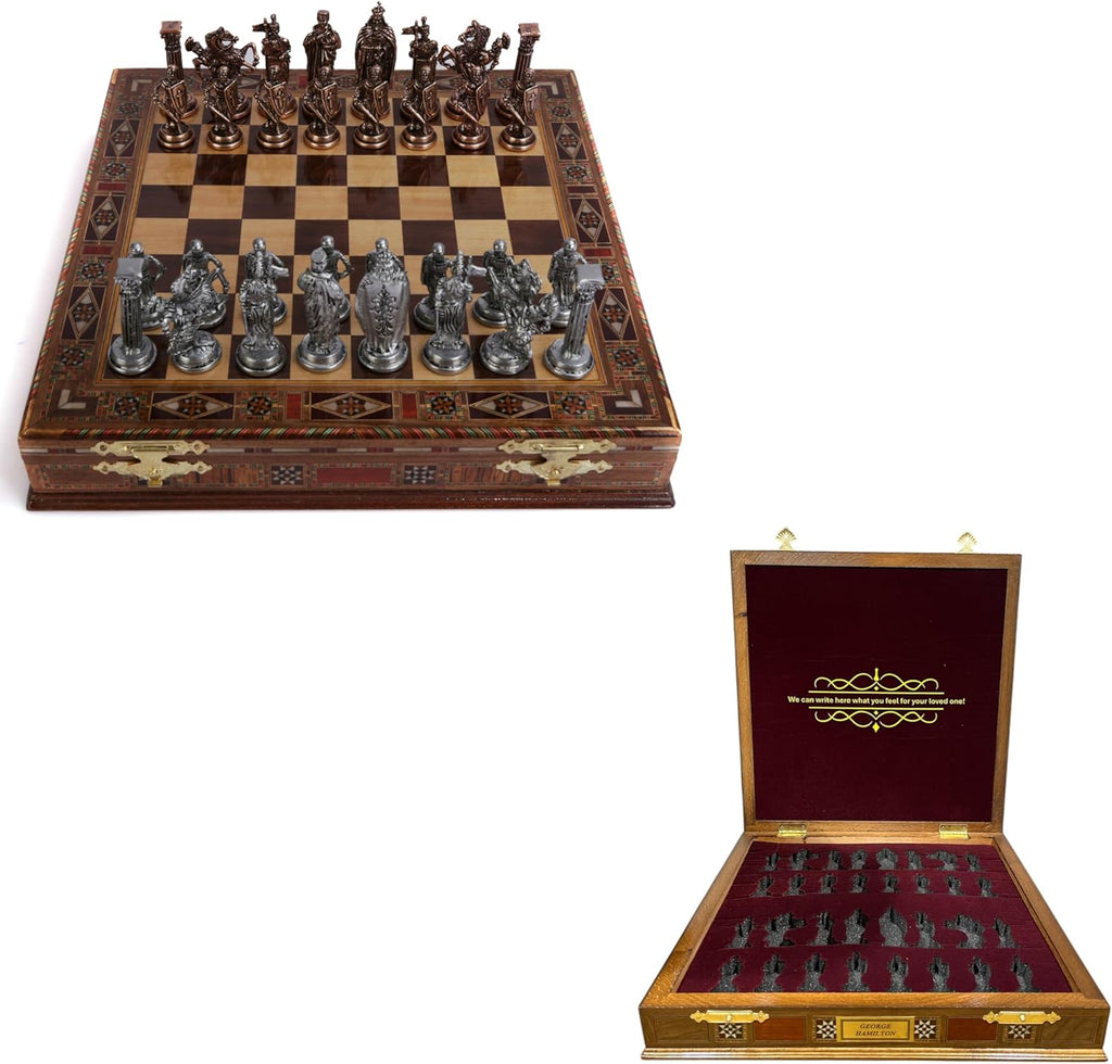 Medieval British Army Antique Copper Metal Chess Set for Adults,Handmade Pieces and Natural Solid Wooden Chess Board