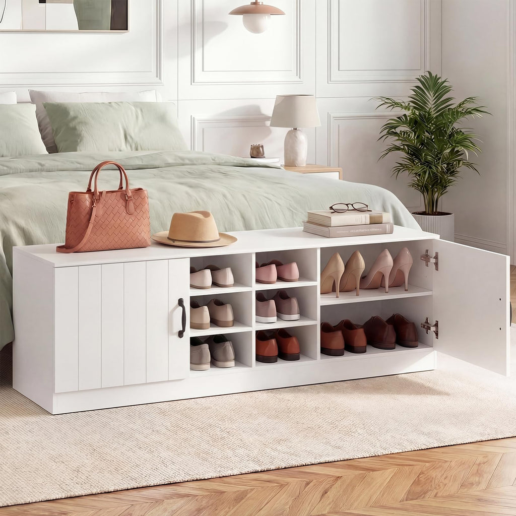 2-Door Shoe Storage Bench, Wooden Entryway Bench with Storage, Adjustable Shelves & 6 Compartments, Modern Shoe