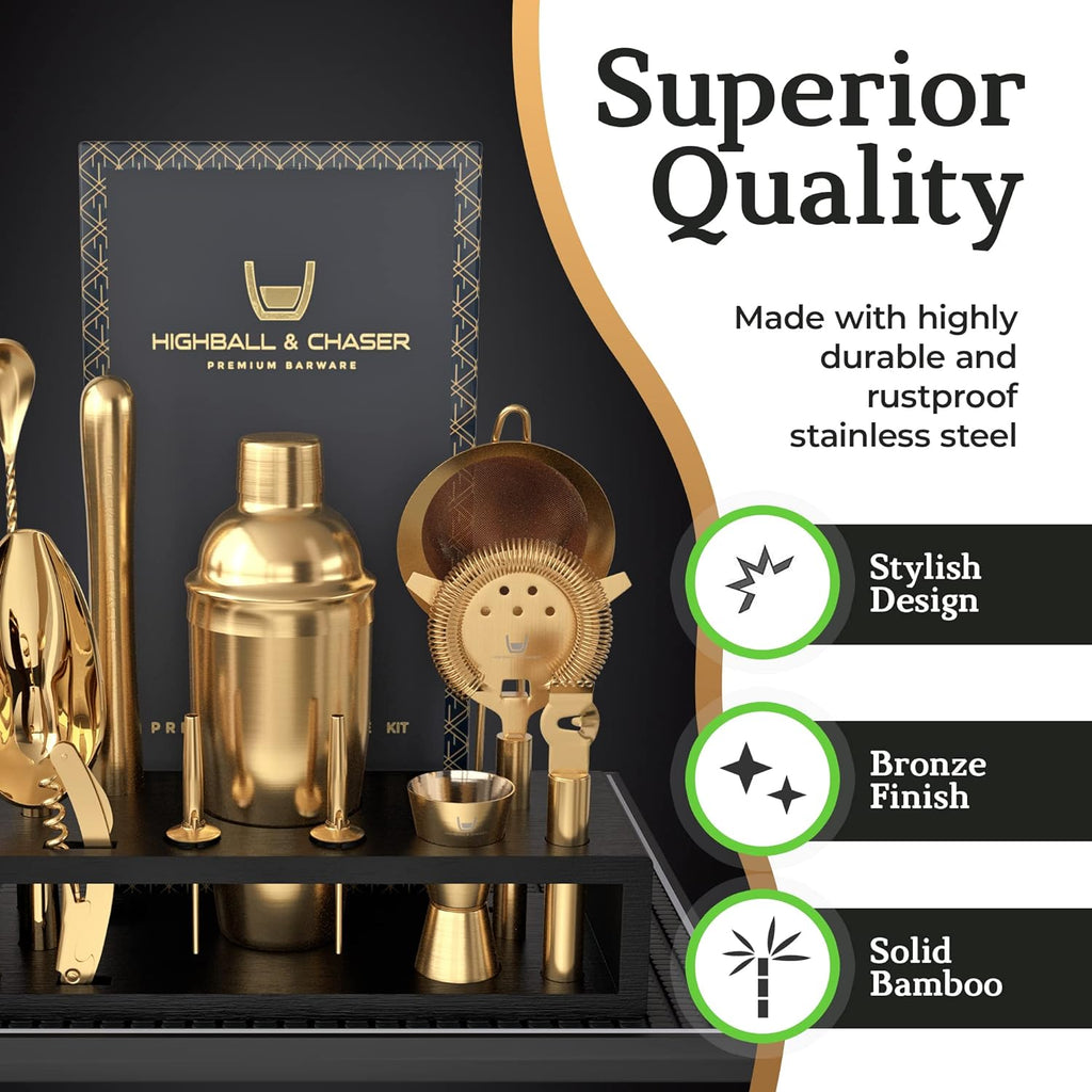 Bartender Kit with Espresso Bamboo Stand. Beautiful Cobbler Cocktail Shaker Set with Bar Tools Rustproof Stainless - Set of 13