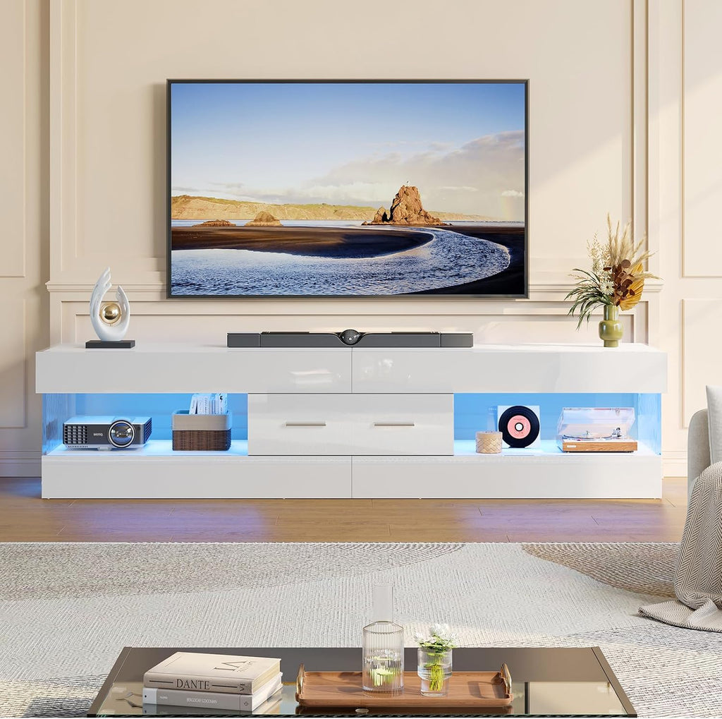 67" Modern TV Stand for TVs up to 75 Inch, High Gloss LED Entertainment Center with Stone-Patterned Doors, TV Console