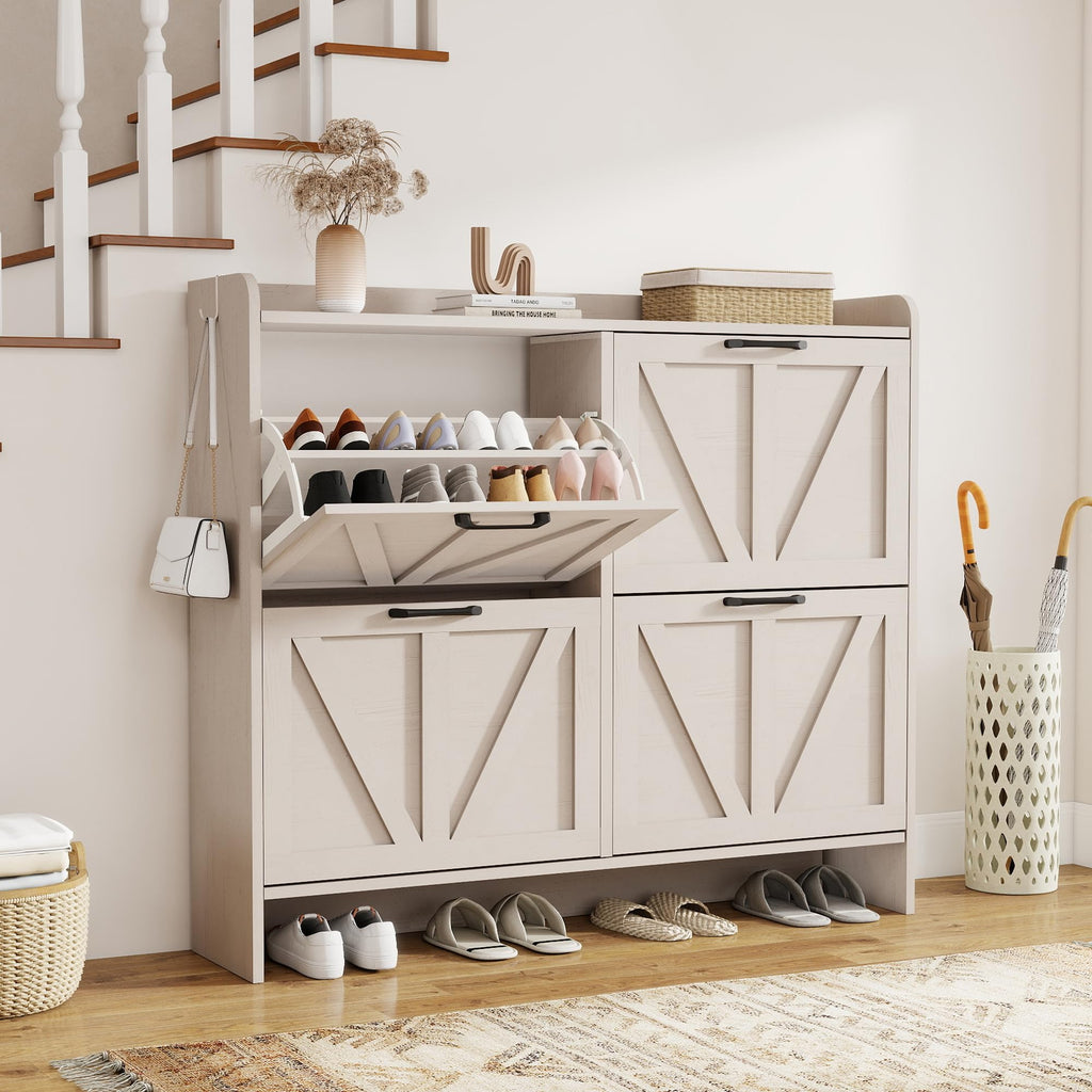 Farmhouse Shoe Storage Cabinet with 4 Flip Drawers, Shoe Rack Cabinet with Wooden Legs&Adjustable Shelves