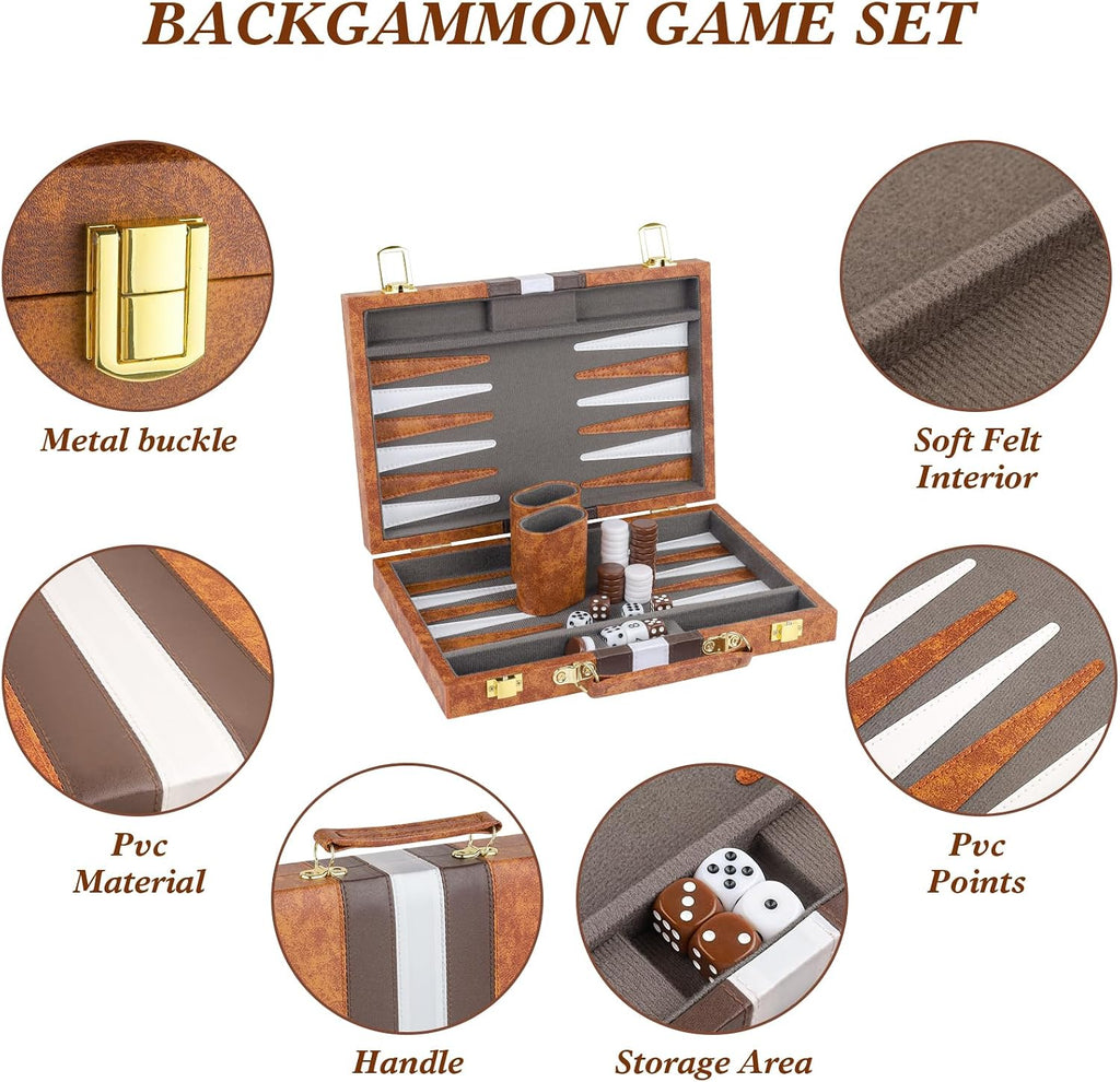 Backgammon Set, 11 Inch Portable Board Game with PU Leather Case for Adults, Brown Backgammon Travel Set