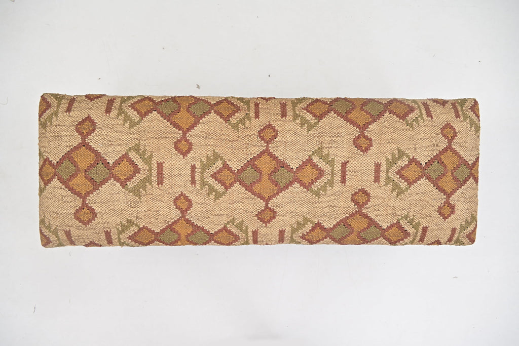 Acacia Wood Kilim Jute Fabric Upholstered Bench with Geometric Pattern | Wooden Ottoman with Turned KD Legs, End of