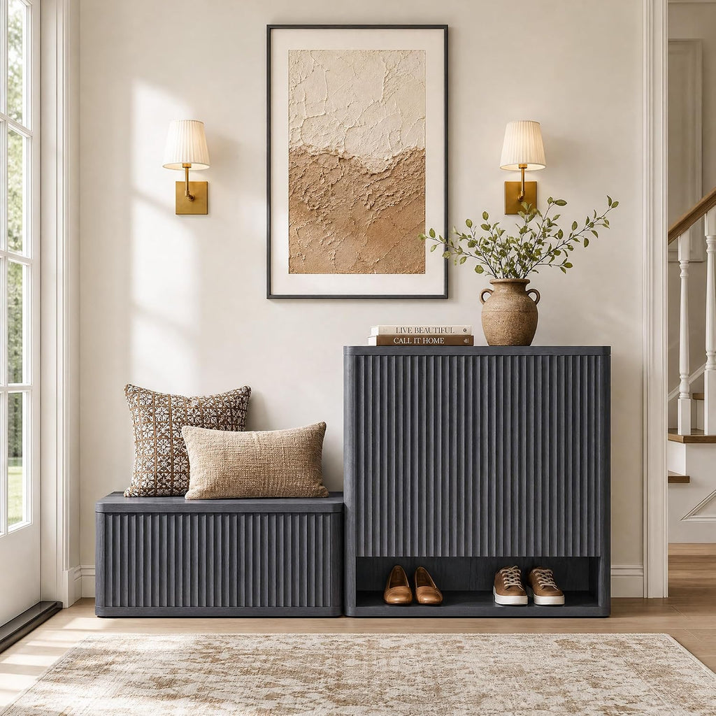Storage Bench 40.2" Wide Shoe Bench with Lift Top Large Wooden Storage Chest Trunk Modern Blanket Chest with 2 Safety