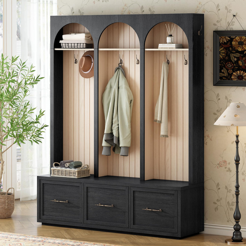 Farmhouse Wood Hall Tree with 8 Hooks and Storage Shoe Bench, Arched Mudroom Versatile Coat Racks with 3 Drawers