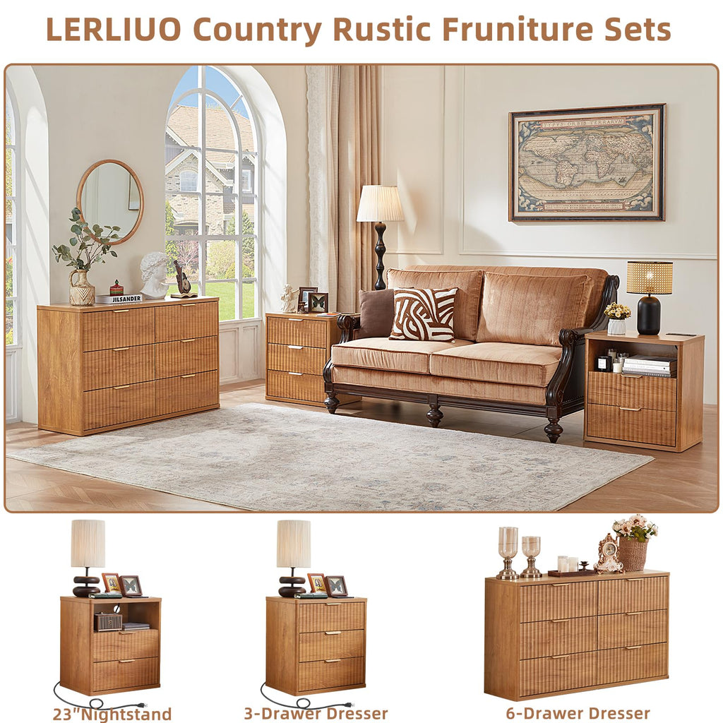 Fluted 6 Drawers Dresser Set of 2, 48" Wide Modern Chest of Drawers with Metal Handle, Brown Curved Profile Farmhouse