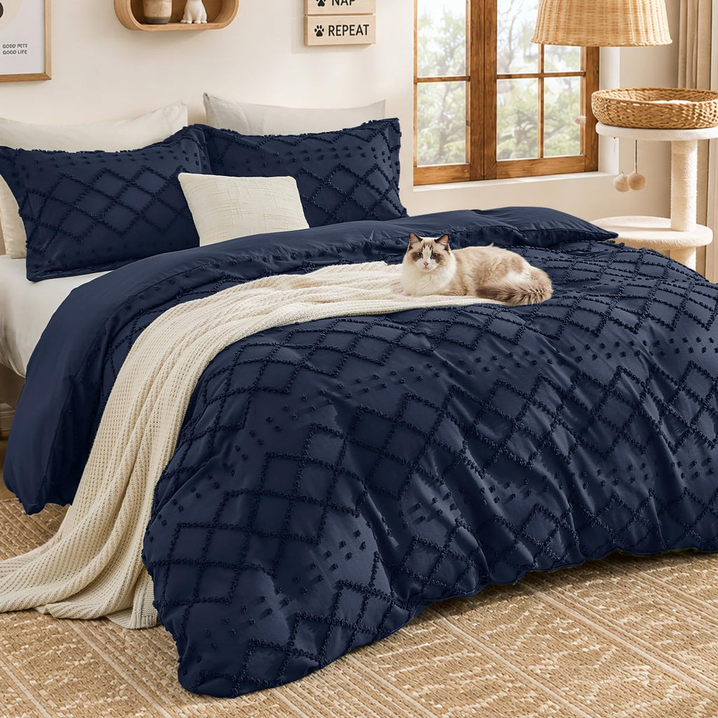 Boho Duvet Cover Set, Tufted Embroidery Bedding, 3 PCS, Navy Blue