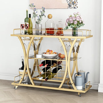 Gold Bar Carts with Glass Holders & Wine Rack,3 Tier Home Bar Serving Carts with Glass Shelves,Metal Rolling Bar