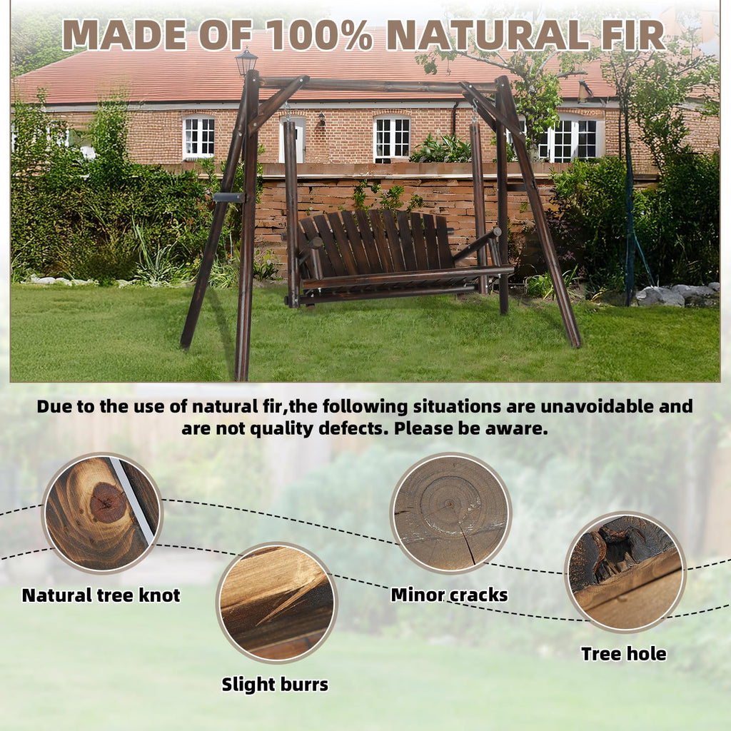 2-Seat Porch Swing, Wooden Log Patio Swings Chair Bench with Stand, Rustic Hardwood Swing Chair with Curved Back