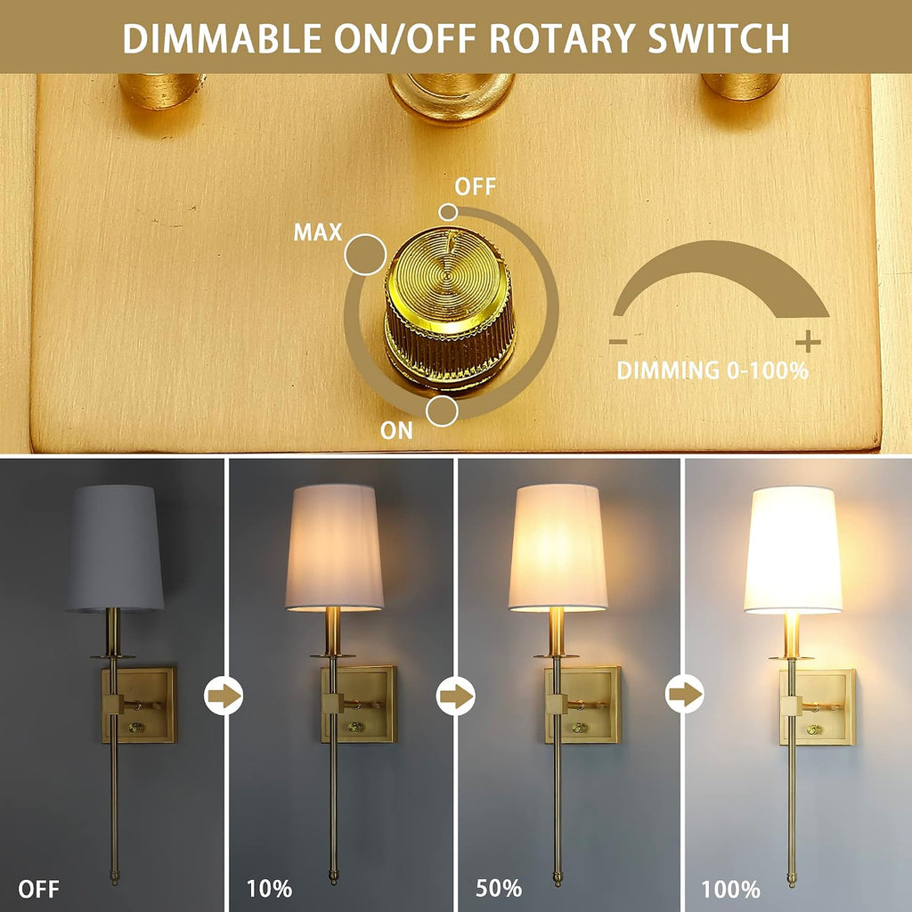 Gold Wall Sconces Set of Two, Farmhouse Sconces Wall Lighting with Dimmer ON/Off Switch, Hardwired Brushed Brass Wall