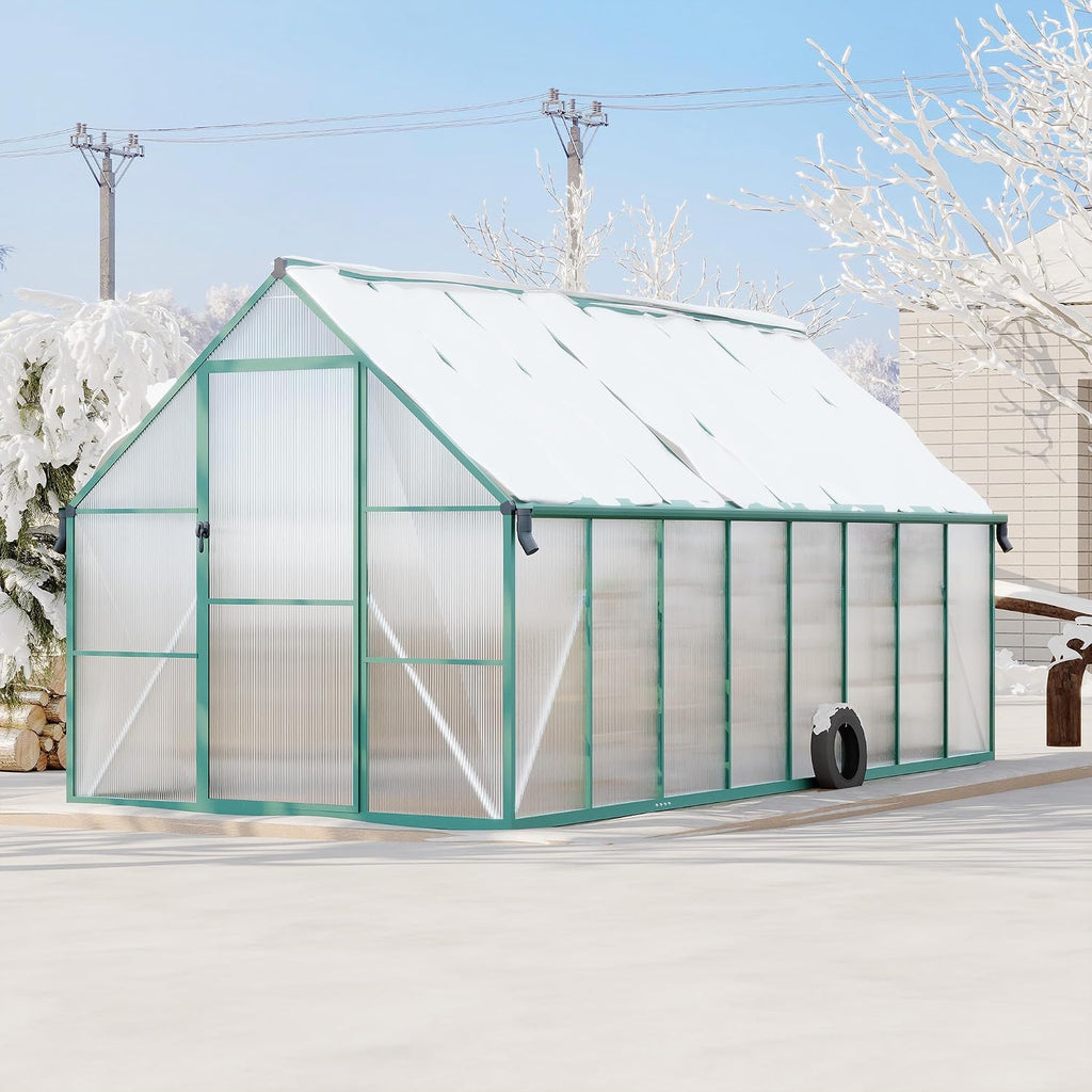 8 x 16 ft Outdoor Polycarbonate Greenhouse Kit, Heavy Duty Greenhouse with Reinforced Aluminum Frame, Adjustable Roof