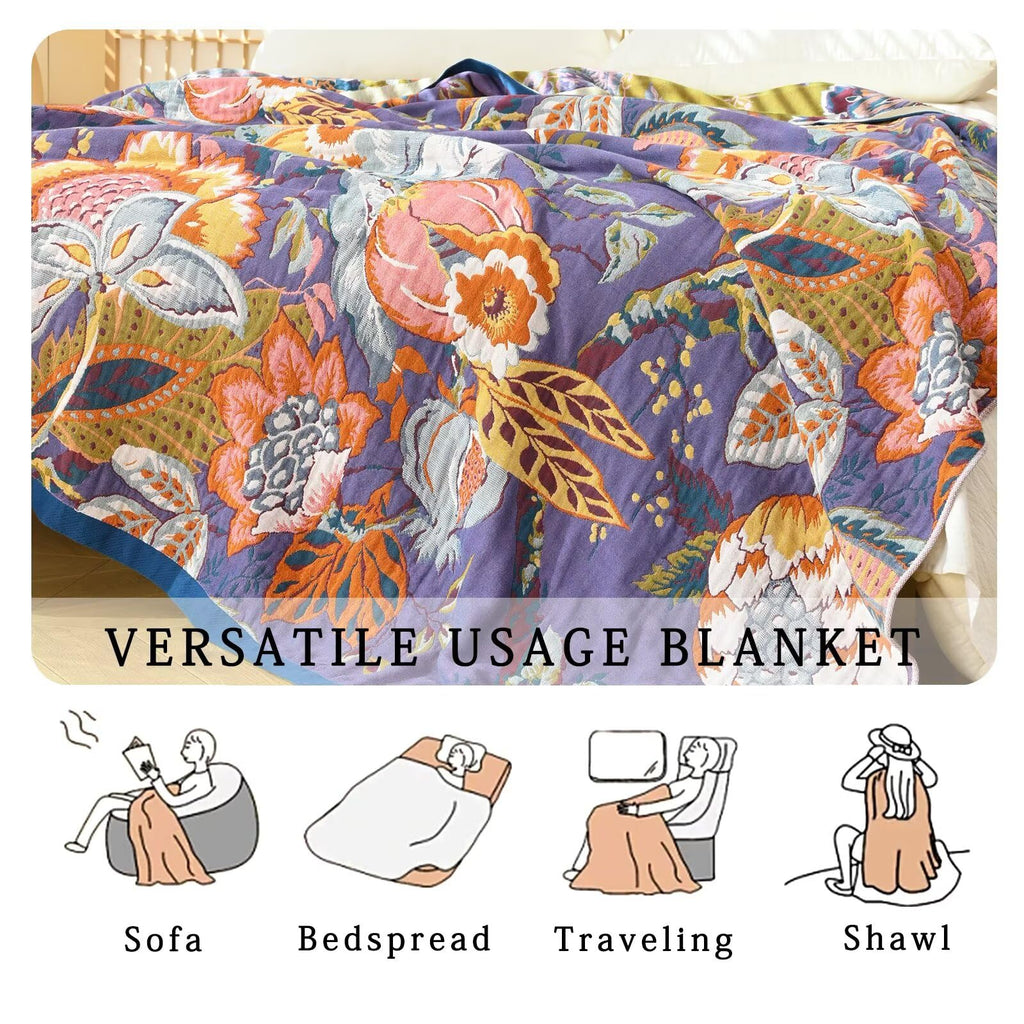 Boho Blanket Soft Muslin BohoThrow Blanket, 100% Cotton Floral Printed Farmhouse Decor All Season Reversible Rustic