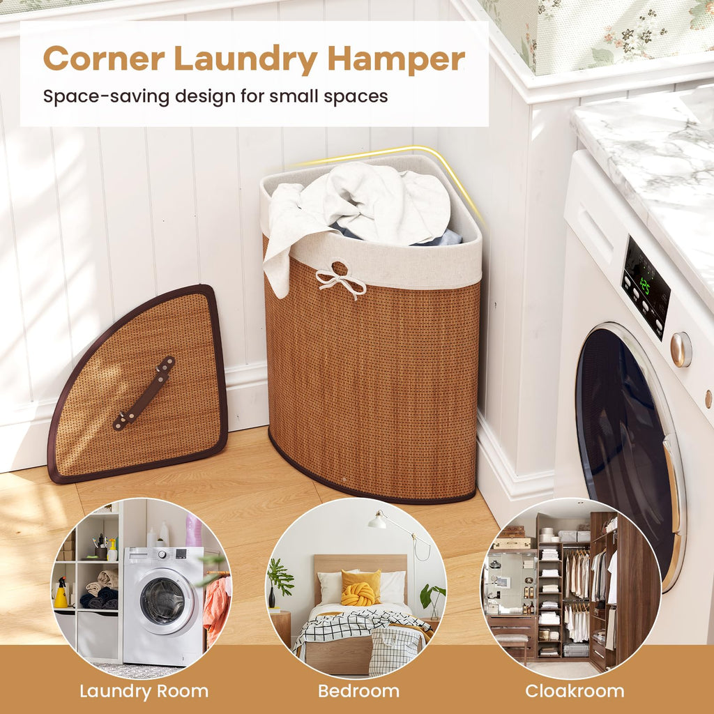 58 L Corner Laundry Hamper with Lid, Removable Liner, Handle Bamboo