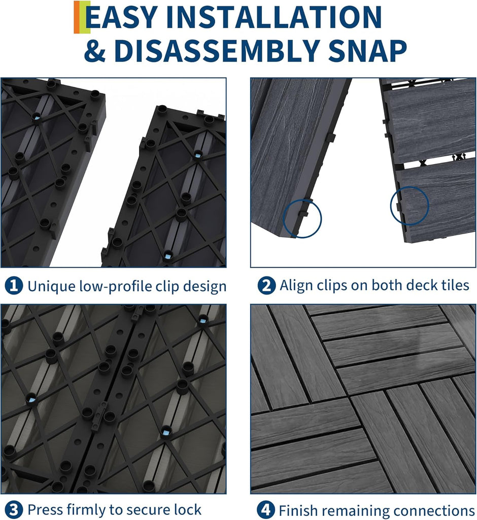 Waterproof Composite Interlocking Deck Tiles 12"X12", All-Weather Wood-Look Snap-Together Flooring for Patio, Balcony