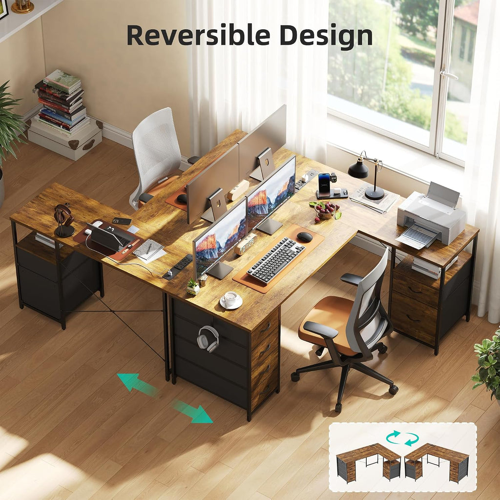 55 Inch L Shaped Office Desk with 6 Drawers & Type-C Port, Rustic Brown | File Cabinet, Power Outlets, Reversible