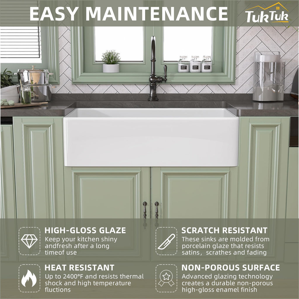 White Farmhouse Sink 33X20 Fireclay Farm Sink Apron Undermount Kitchen Sink Single Bowl Big Capacity Deep Drop-in