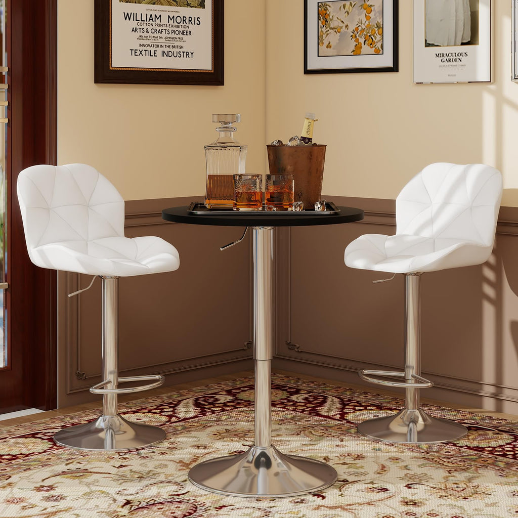 Bar Table and Chairs Set of 3 Swivel Black Table & White Stool