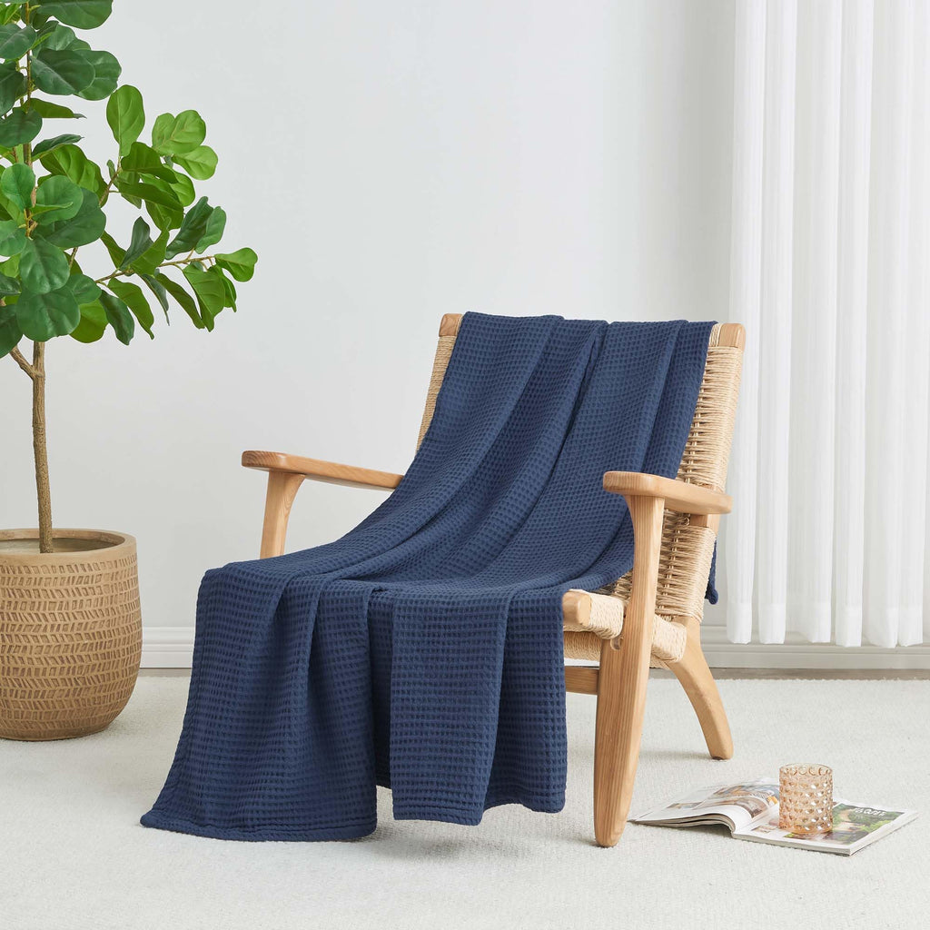 100% Cotton Blue Blanket Full/Queen Size for Bed - Breathable and Soft, Waffle Weave for Summer Spring, 90x90 Inches