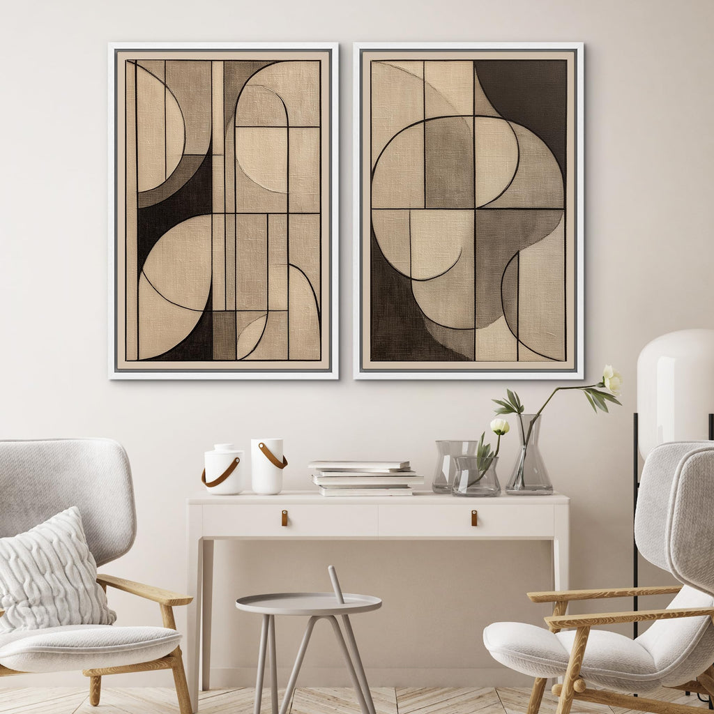 Framed Canvas Print Wall Art Set Neutral Beige Brown Geometric Abstract Shapes Illustrations Modern Art Rustic Ultra