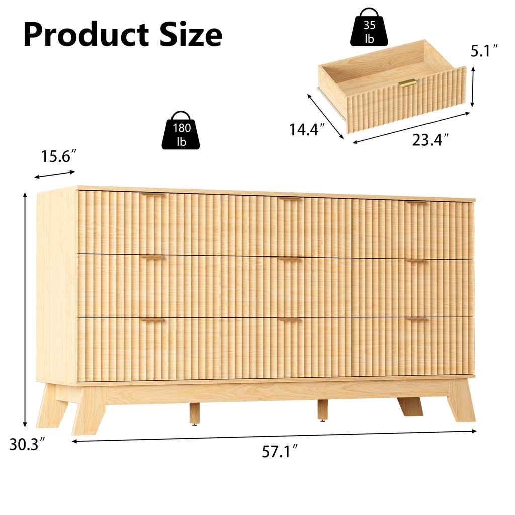 Oak Dresser 9 Drawer Dresser, 57''Wide Fluted Wooden Dresser Storage Cabinet and Chest of Drawers with Metal Handle